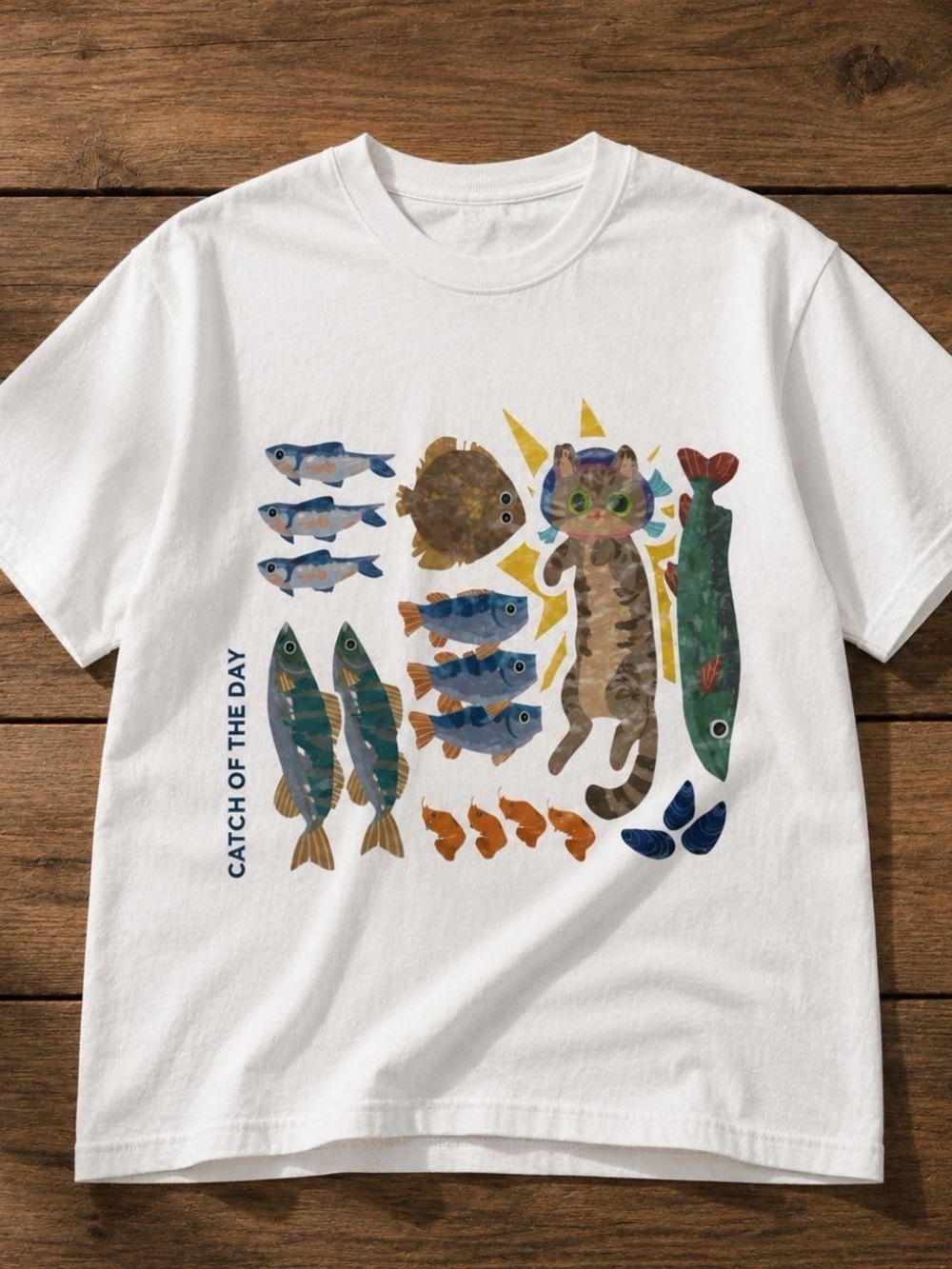 Gildan White Tee with Fish & Cat Graphic